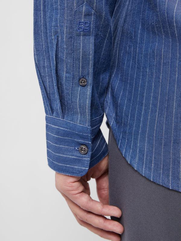 Fcuk Chambray Stripe Long Sleeve Shirt Mid Blue Stripe