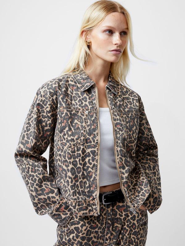 fcuk Charlie Leopard Print Denim Jacket Leopard Sand Multi