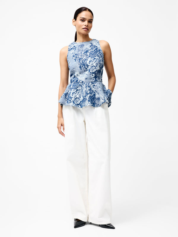 Fcuk Charlotte Denim Jacquard Peplum Top Light Wash