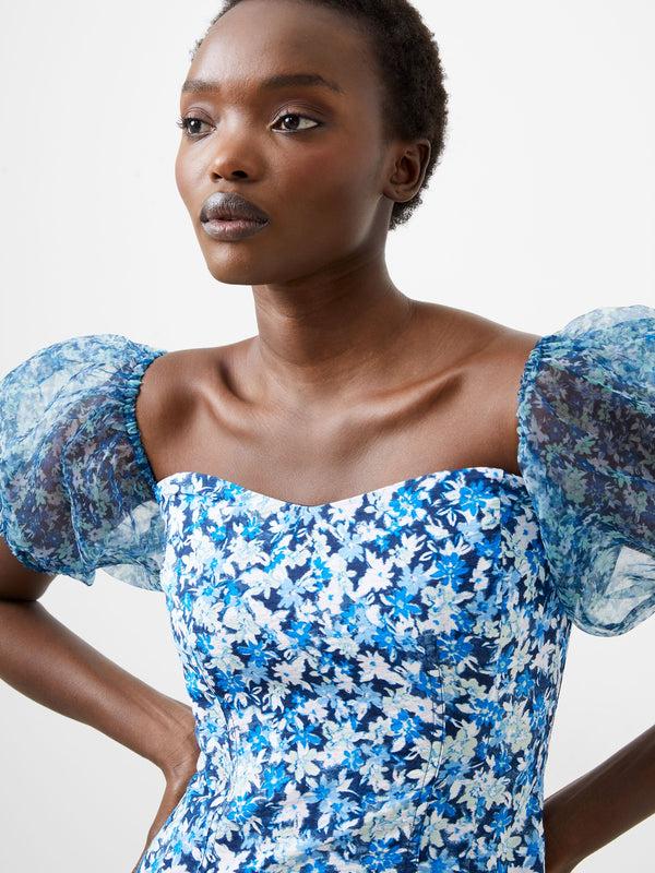 Fcuk Clara Textured Puff Sleeve Midi Dress Midnight Blue Multi