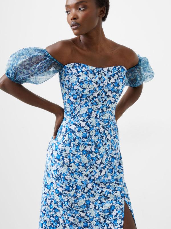 Fcuk Clara Textured Puff Sleeve Midi Dress Midnight Blue Multi