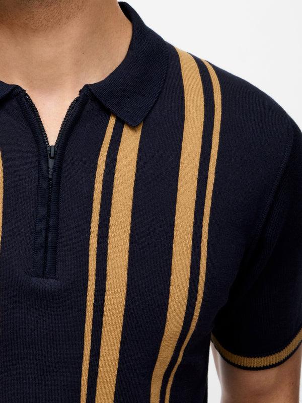 Fcuk Colour Striped Zip Polo Shirt Ecru/Navy/Dusky Pink