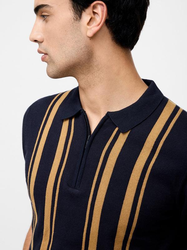 Fcuk Colour Striped Zip Polo Shirt Ecru/Navy/Dusky Pink