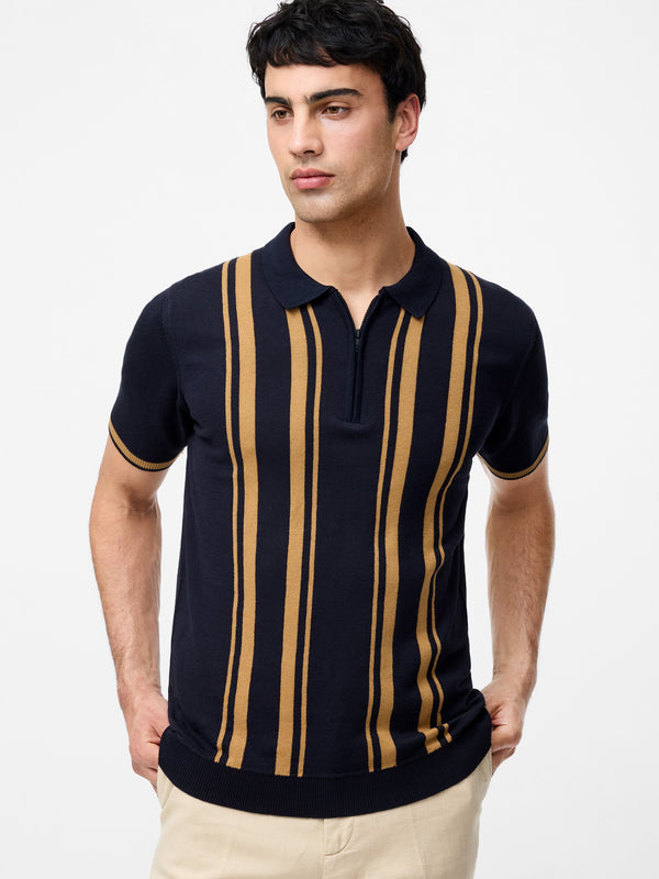 fcuk Colour Striped Zip Polo Shirt Ecru/Navy/Dusky Pink