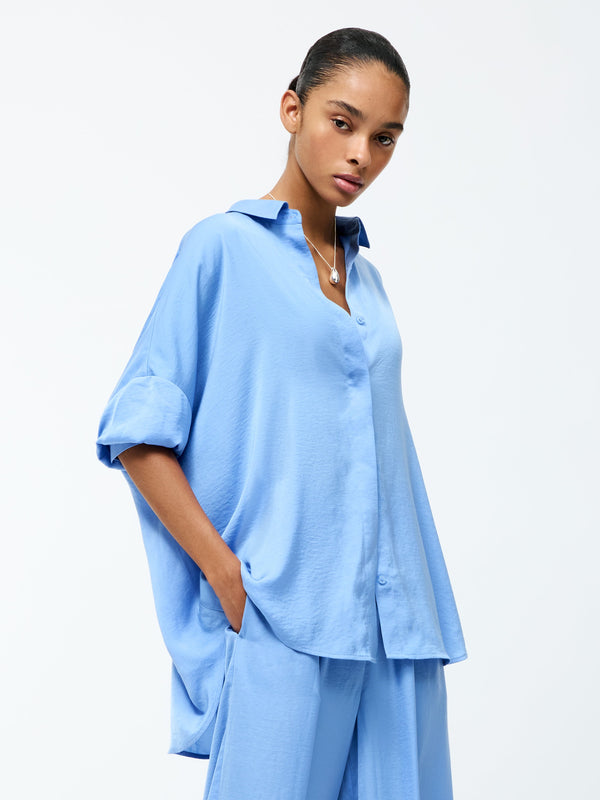 Fcuk Damasco Air Flow Poly Long Sleeve Shirt Cornflower Blue