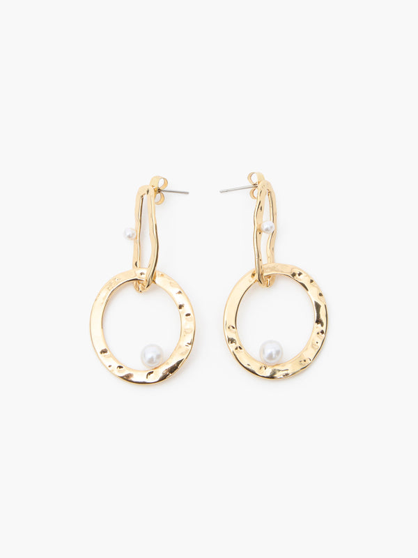fcuk Duo Hammered Drop Hoop With Pearl Earrings Pearl/Gold