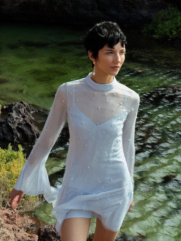 Fcuk Elizabeth Chiffon Faux Pearl Mini Dress Powder Blue