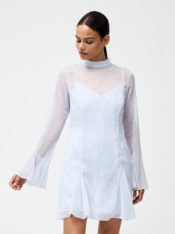 Fcuk Elizabeth Chiffon Faux Pearl Mini Dress Powder Blue