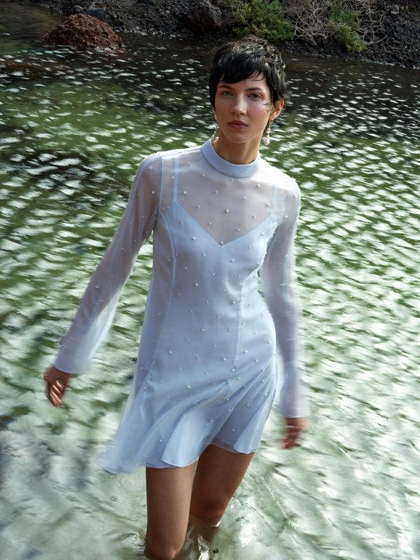 fcuk Elizabeth Chiffon Faux Pearl Mini Dress Powder Blue