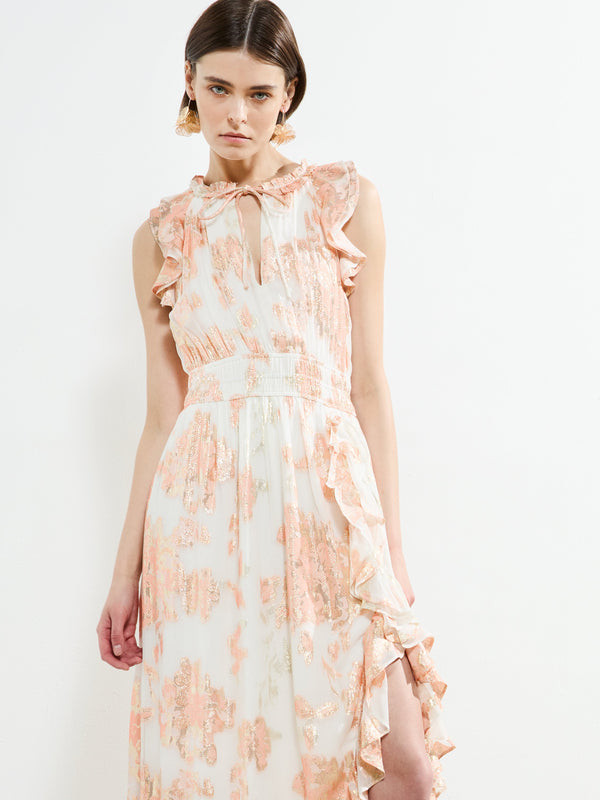 Fcuk Elko Jacquard Fluted Midi Dress Ballet Pink Multi