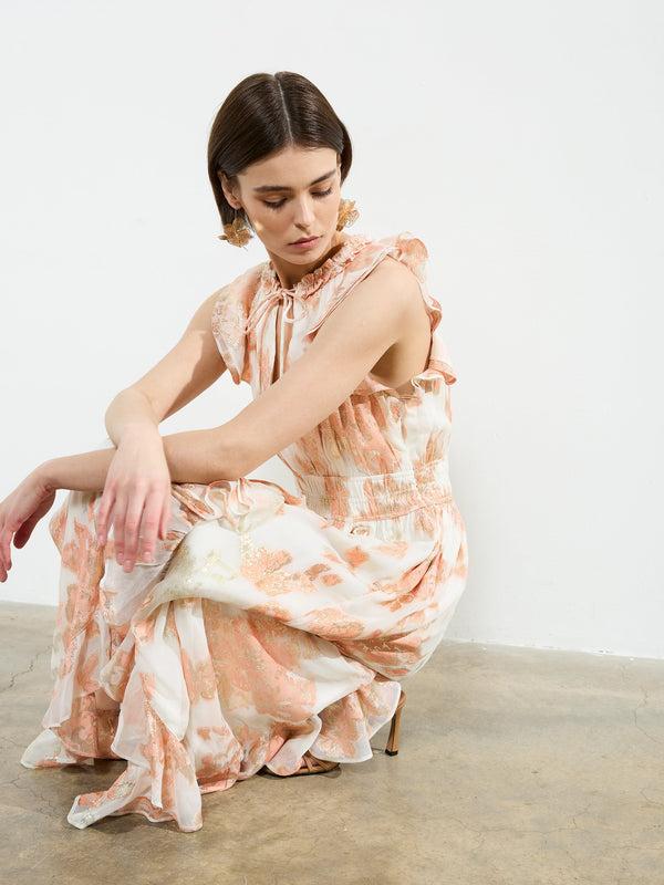 Fcuk Elko Jacquard Fluted Midi Dress Ballet Pink Multi