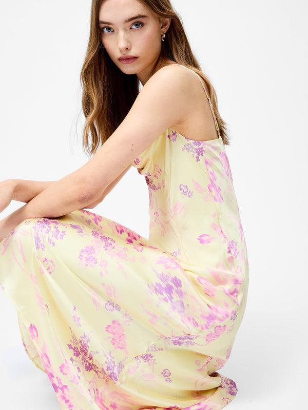 Fcuk Elyria Oona Satin Midi Dress Cornsilk Yellow Mult