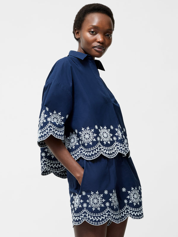 fcuk Embroidered Hem Popover Short Sleeve Shirt Midnight/Linen White