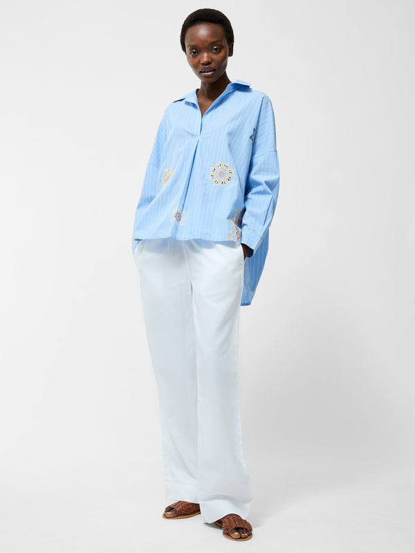 Fcuk Embroidered Poplin Stripe Popover Shirt Cashmere Blue