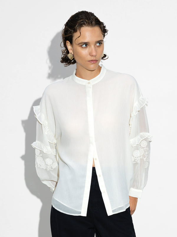 Fcuk Emina Chiffon Embroidered Shirt Porcelain Cream