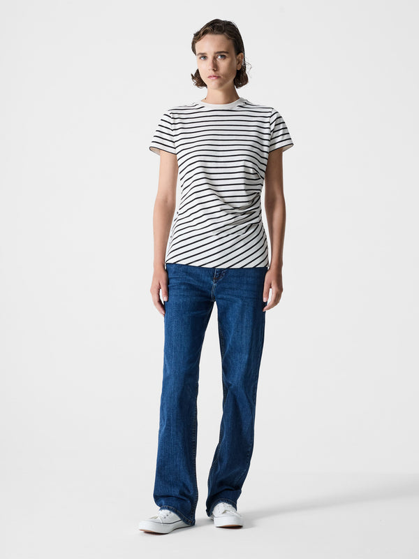 Fcuk Evie Ruched Side Stripe T-Shirt Linen White Black St