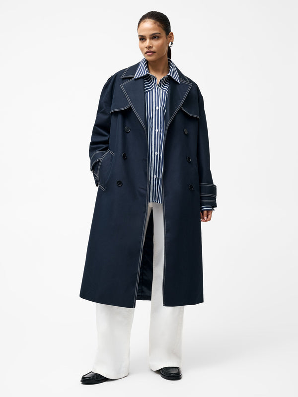 Fcuk Afton Contrast Stitch Belted Trench Coat Navy