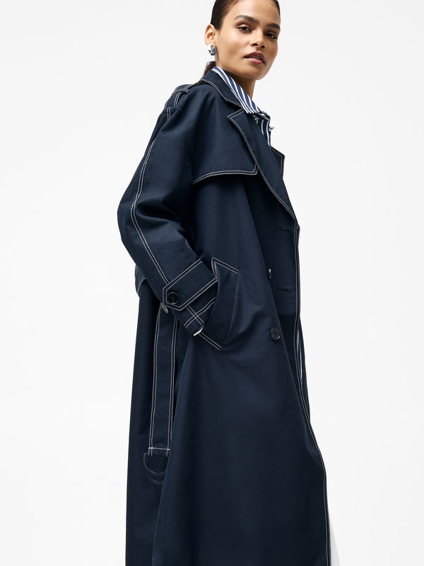 Fcuk Afton Contrast Stitch Belted Trench Coat Navy