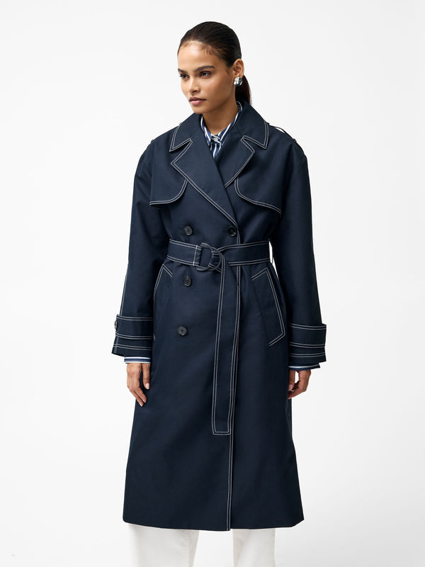 fcuk Afton Contrast Stitch Belted Trench Coat Navy