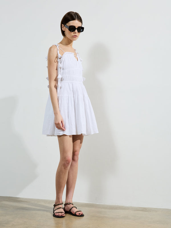 Fcuk Amra Cotton Gathered Mini Dress Linen White