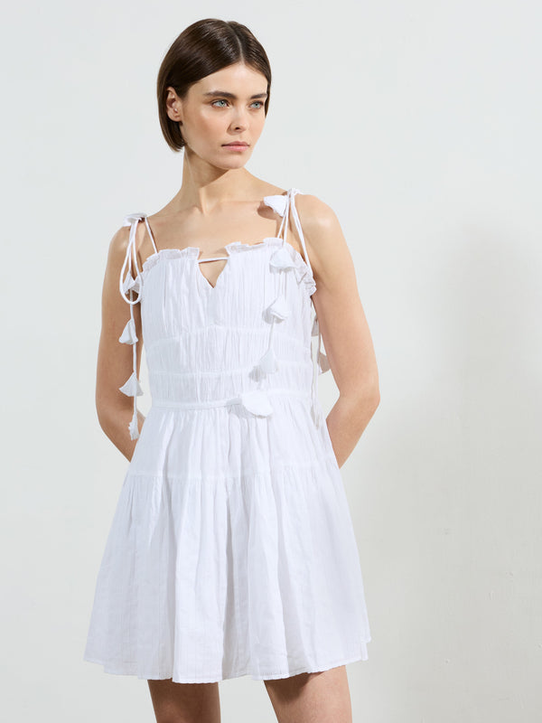 fcuk Amra Cotton Gathered Mini Dress Linen White