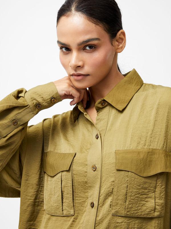 Fcuk Blaine Satin Shirt Golden Olive Khaki