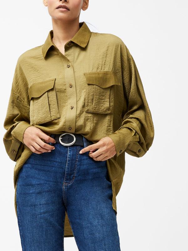 Fcuk Blaine Satin Shirt Golden Olive Khaki