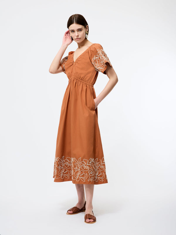 fcuk Cambria Cotton Embroidered Dress Coffee Brown