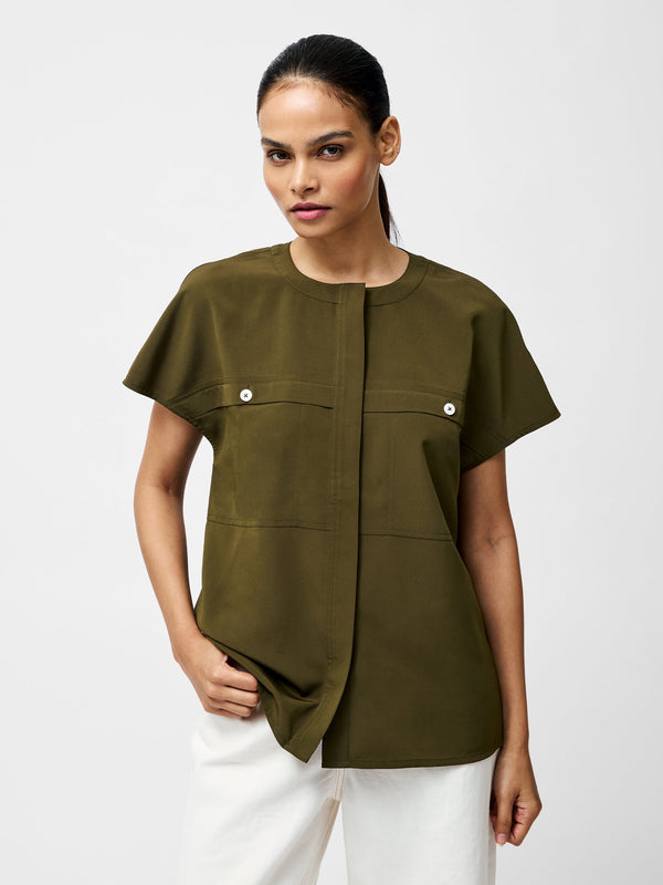 fcuk Capriana Crepe Cap Sleeve Yoke Top Khaki