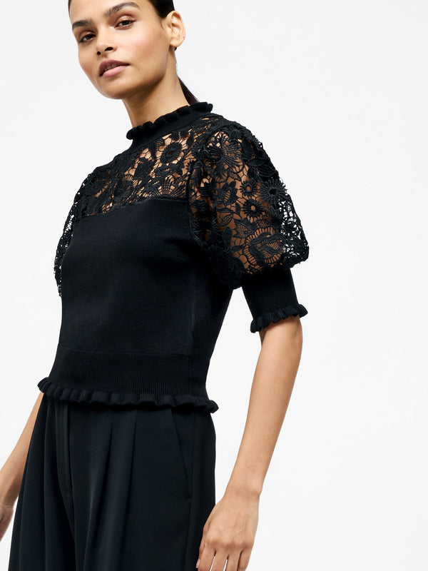 Fcuk Crochet Lace Mix Knit Top Black