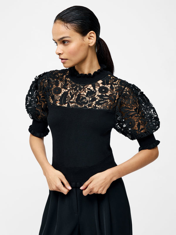 fcuk Crochet Lace Mix Knit Top Black