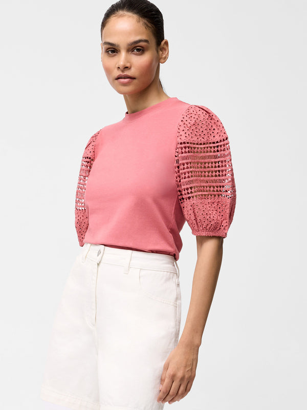 Fcuk Crochet Lace Puff Sleeve Top Rose Kiss