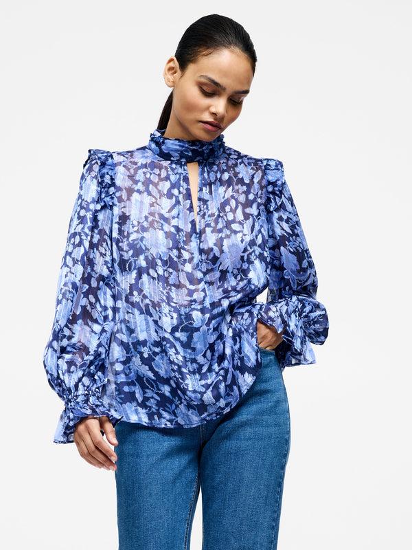 Fcuk Cynthia Frill Long Sleeve Top Midnight Blue