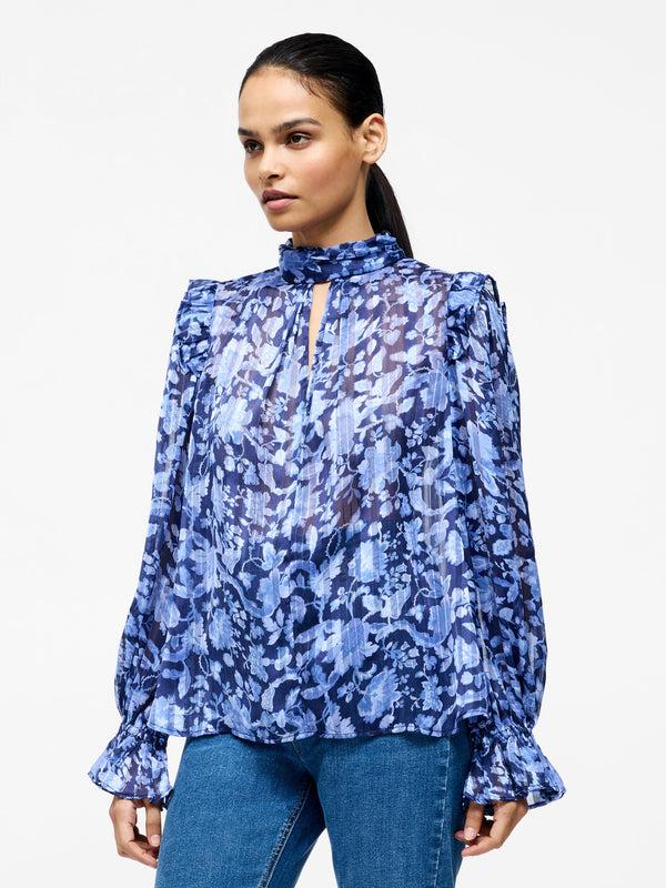 fcuk Cynthia Frill Long Sleeve Top Midnight Blue