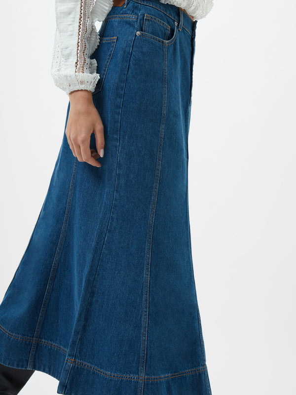 Fcuk Denver Denim Flare Midi Skirt Vintage Blue