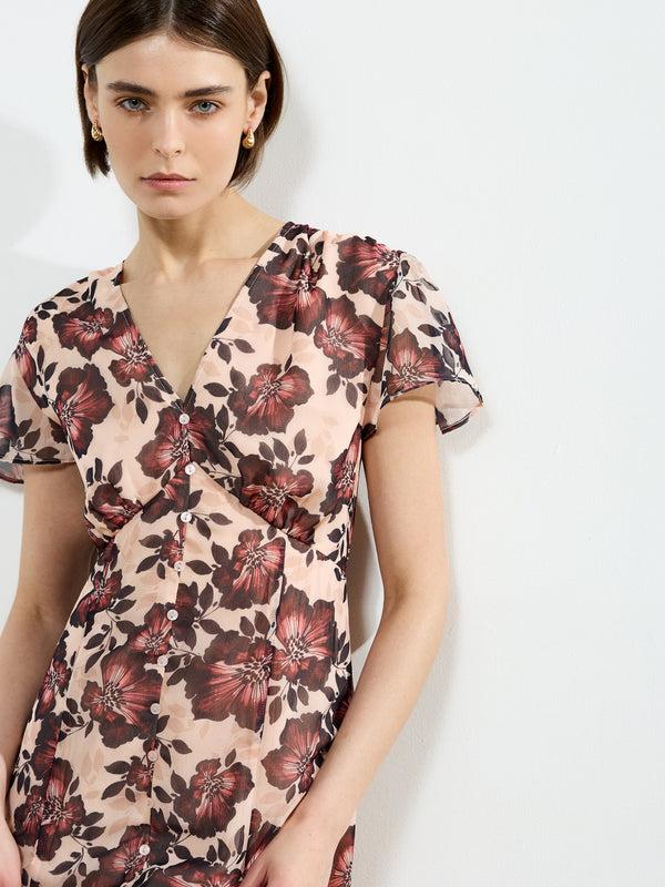 Fcuk Elyse Flutter Sleeve Tea Dress Cream Multi