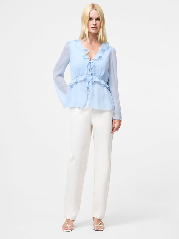 Fcuk Emina Chiffon Frill Tie Up Top Arctic Blue