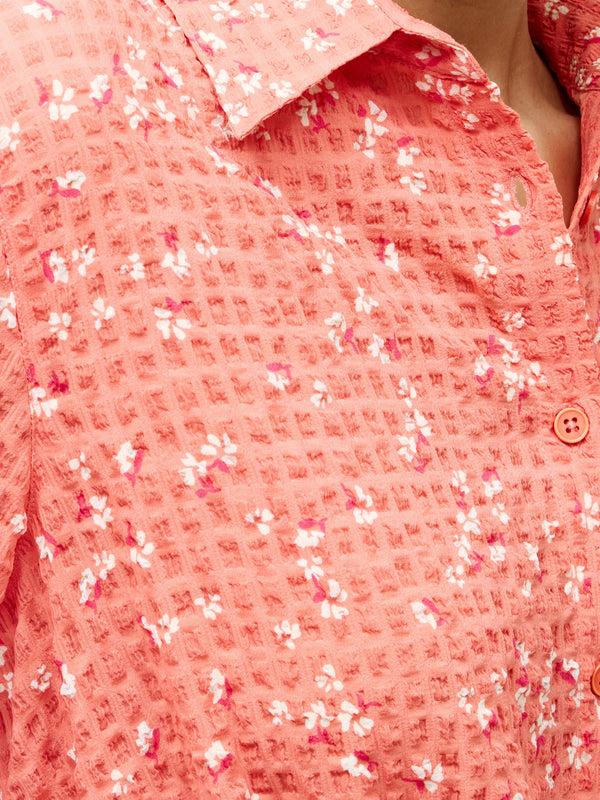 Fcuk Erin Seersucker Tie Waist Shirt Coral Multi