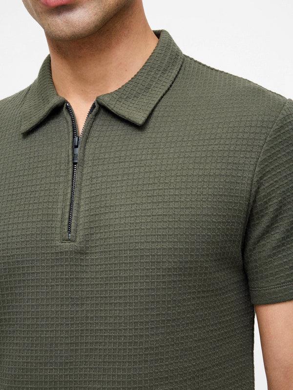 Fcuk Jacquard Waffle Zip Polo Shirt Khaki