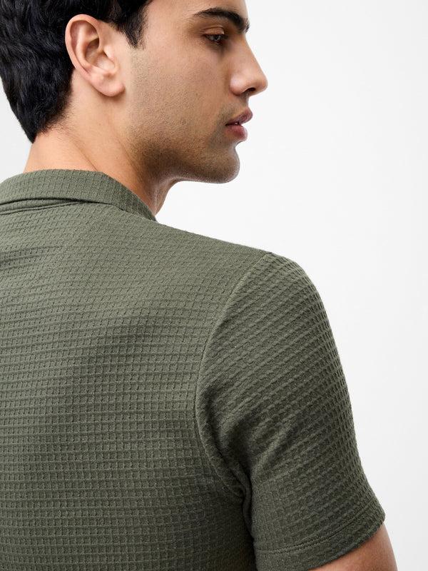 Fcuk Jacquard Waffle Zip Polo Shirt Khaki