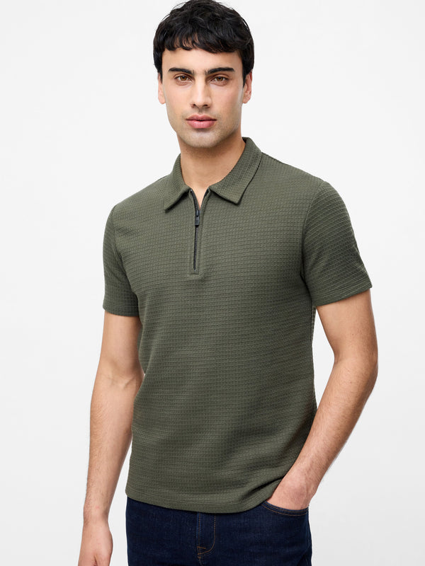 fcuk Jacquard Waffle Zip Polo Shirt Khaki