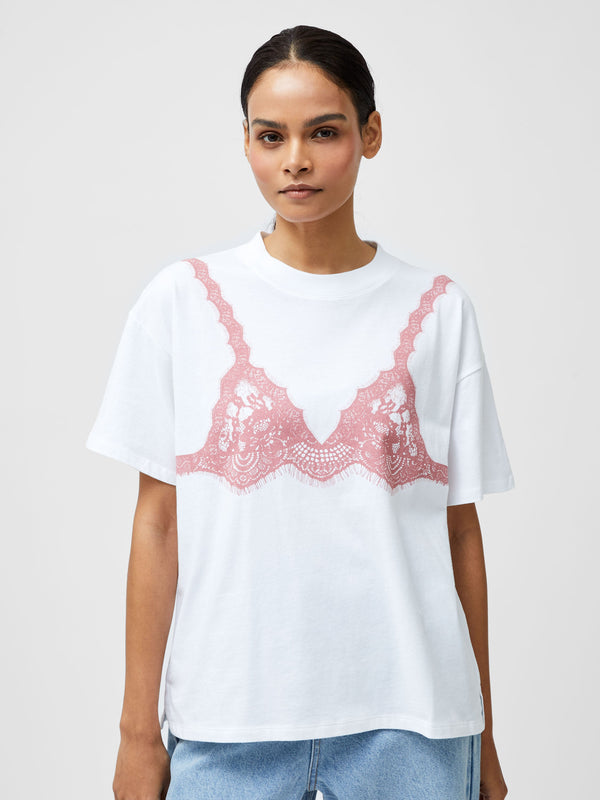 fcuk Lace Bra Graphic T-Shirt Linen White/Pink