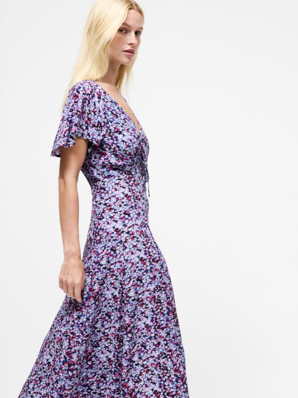 Fcuk Lizzy Eco Crepe V Neck Midi Dress Blue Multi