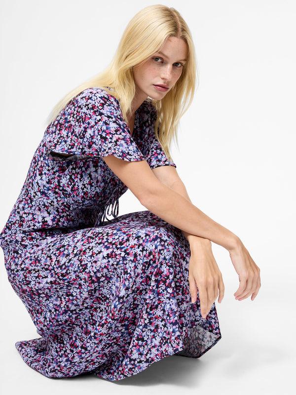 Fcuk Lizzy Eco Crepe V Neck Midi Dress Blue Multi