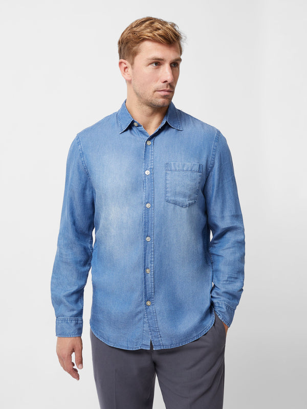 fcuk Long Sleeve Denim Lyocell Shirt Mid Blue