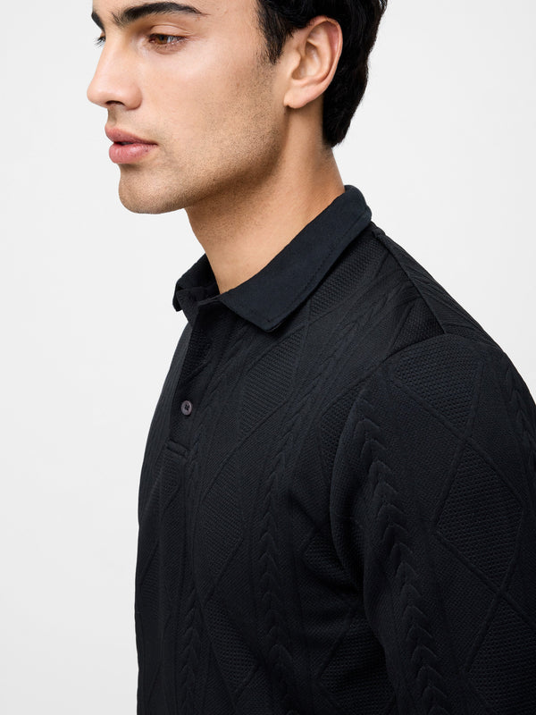 Fcuk Long Sleeve Jacquard Polo Shirt Black