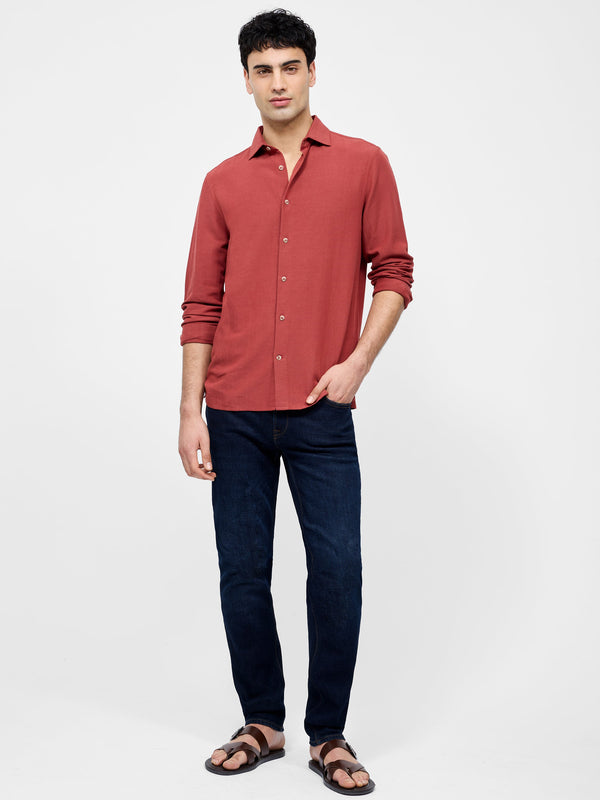Fcuk Long Sleeve Linen Blend Shirt Brick Red