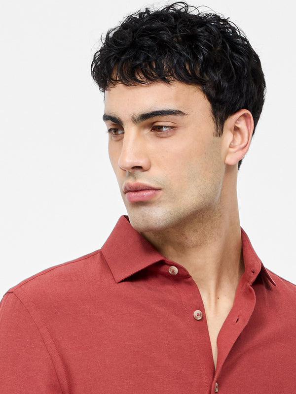 Fcuk Long Sleeve Linen Blend Shirt Brick Red