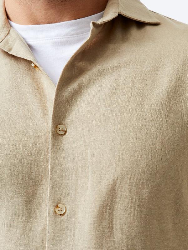 Fcuk Long Sleeve Linen Blend Shirt Dark Sand
