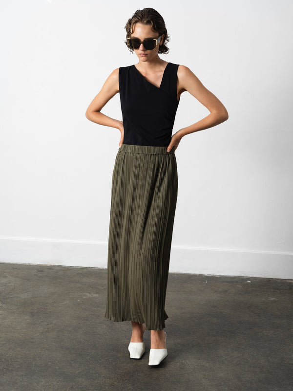Fcuk Niri Plisse Column Maxi Skirt Khaki Green